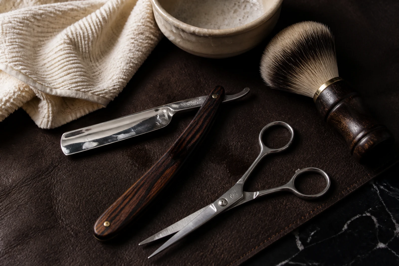 Straight razor, haircutting shears, shaving brush, and hot towel